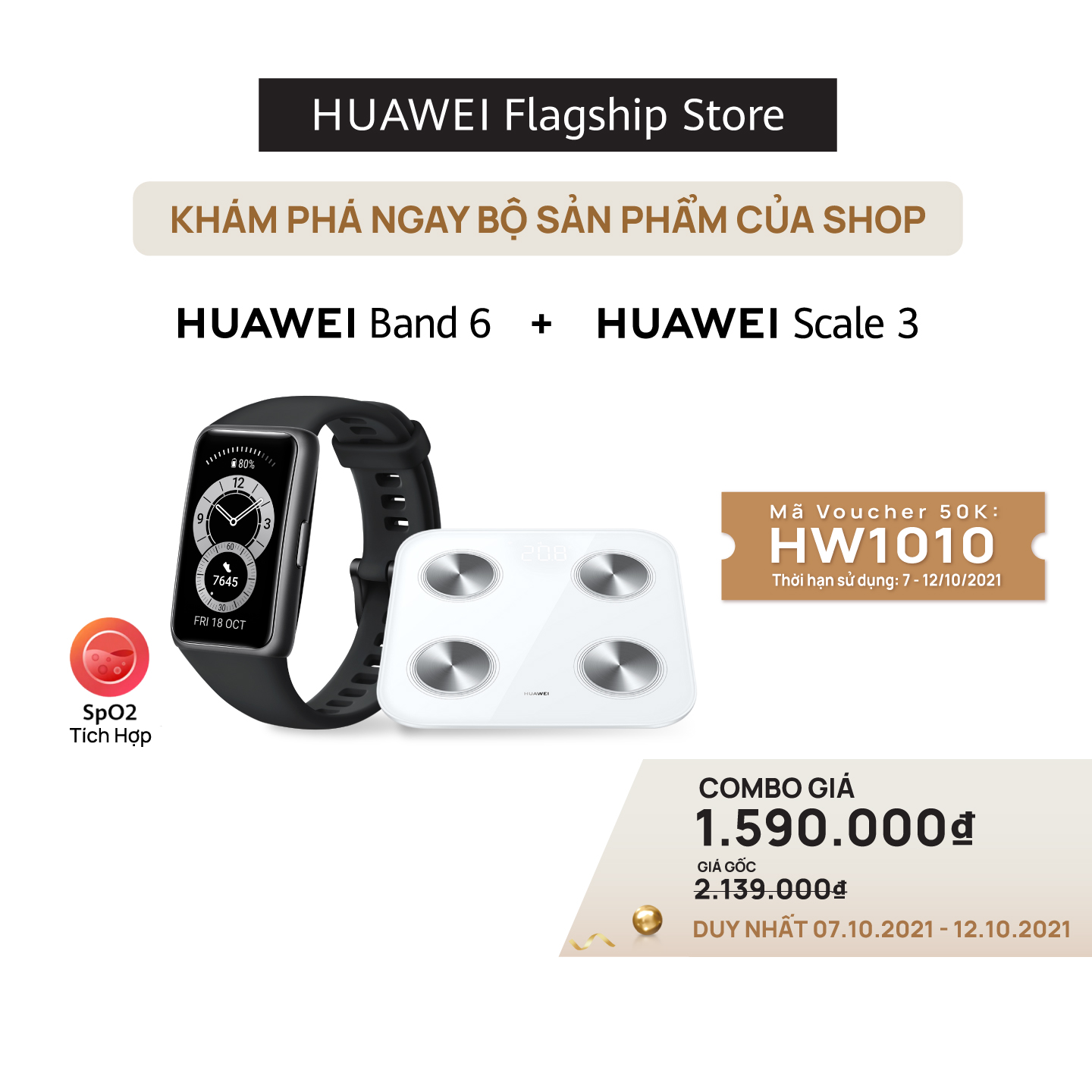 Bộ Sản Phẩm Huawei (Vòng Đeo Tay Thông Minh HUAWEI Band 6 + Cân Điện Tử HUAWEI Scale 3) | Hàng Chính Hãng