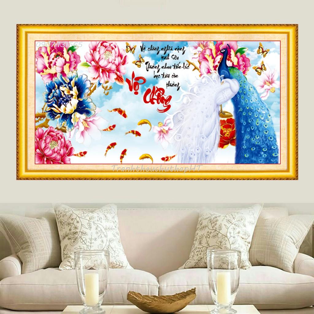 Tranh đính đá - Tranh thêu chữ thập vợ chồng chim công hoa mẫu đơn - size: 103*50cm