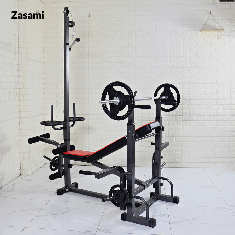 Giàn tạ đa năng 8210 Zasami kèm 50kg tạ gang , đòn tạ 1m5, 1 găng tay tập tạ ( Màu ngẫu nhiên )