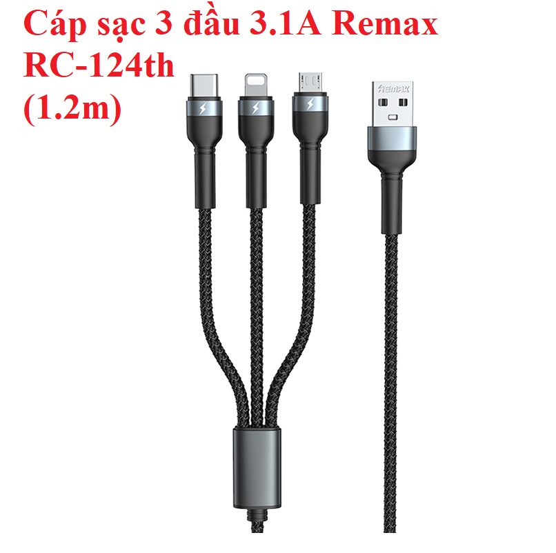 Cáp sạc 3 đầu đa năng 3.1A Remax RC124th (1.2m)  - Hàng chính hãng