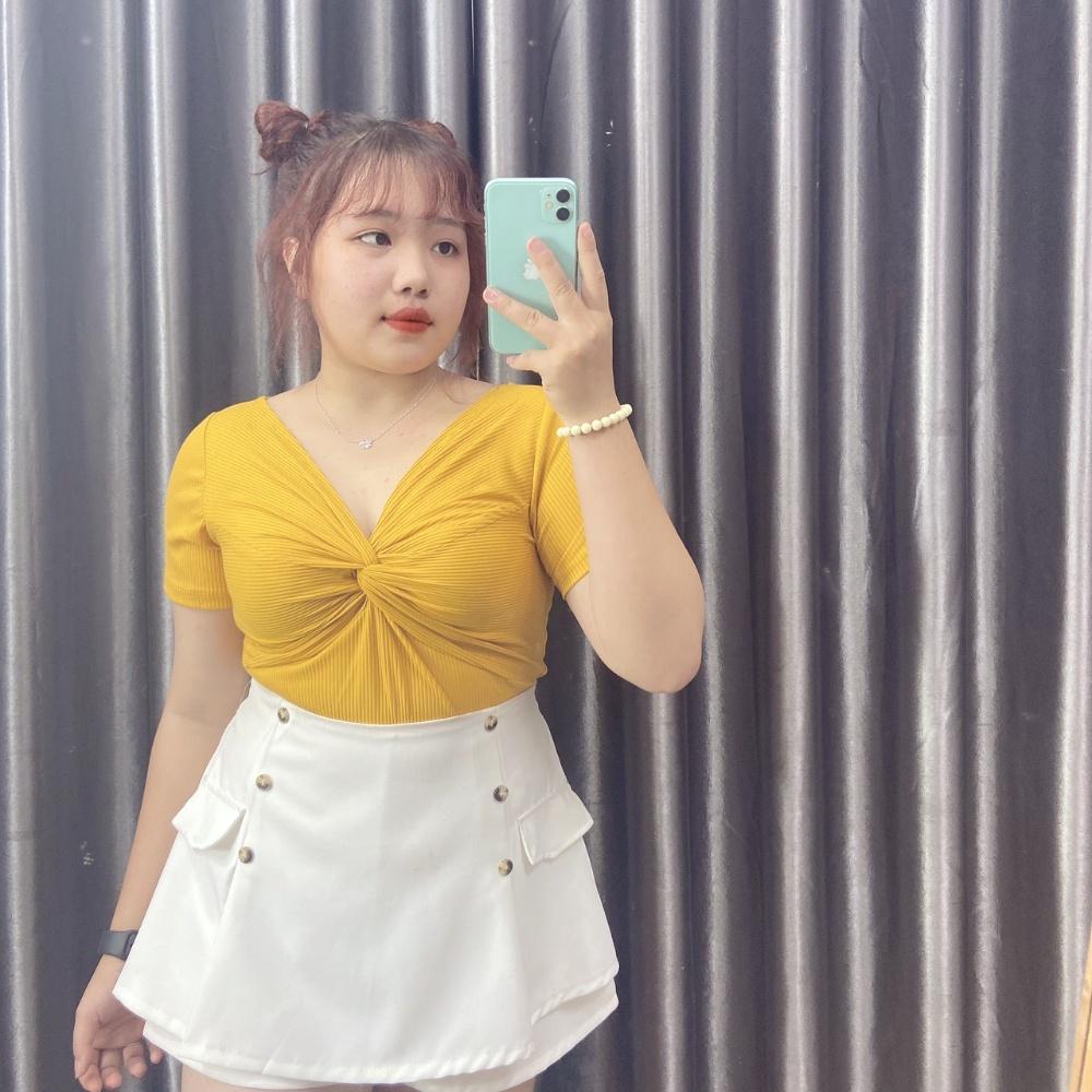 Áo thun bigsize nữ tay nắn kiểu xoắn ngực chất gân tăm co giãn phom rộng 60-92kg G100