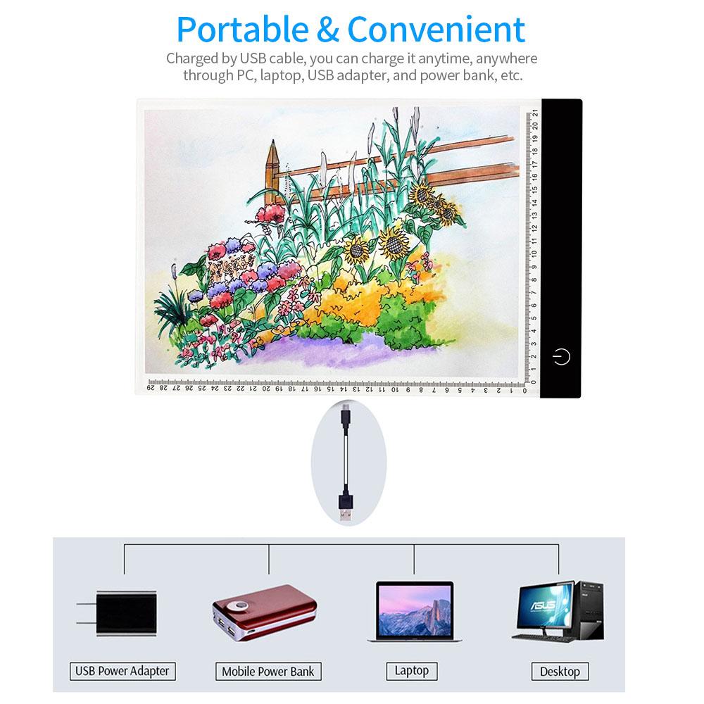 Bảng sao chép LED A4 di động điều khiển ánh sáng USB với sáu vạch thang đo độ sáng có thể điều chỉnh