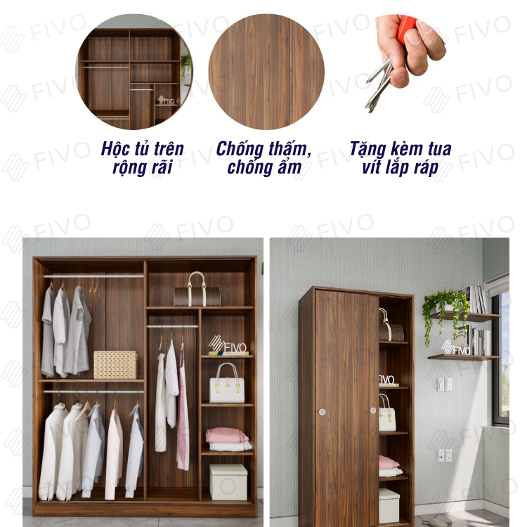 Tủ Áo Quần Cửa Lùa Sang Trọng Gỗ MDF Lõi Xanh Chống Ẩm FC31 FIVO Màu Walnut Ấm Cúng Cho Phòng Ngủ, Thiết Kế Rộng Rãi