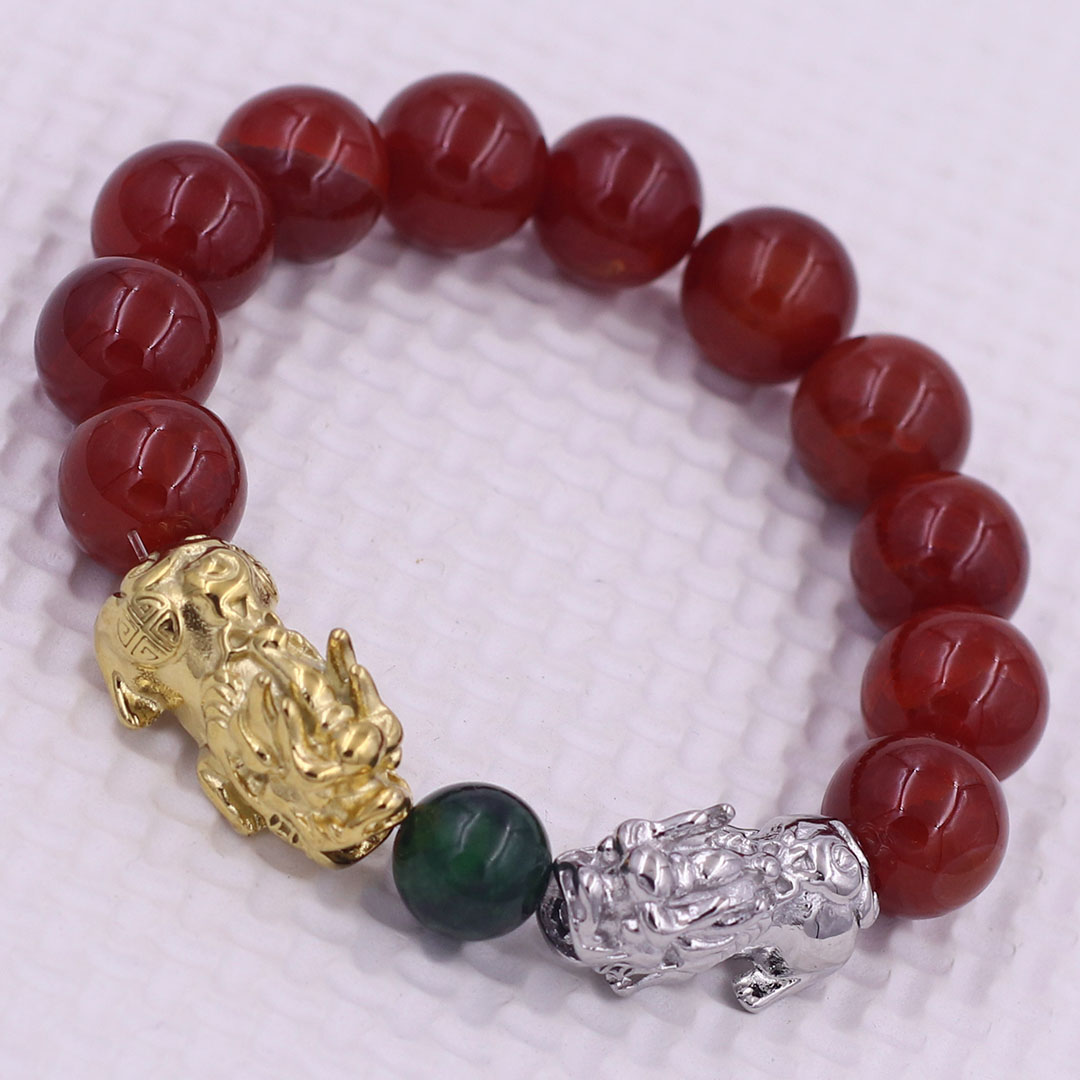 Vòng chuỗi đeo tay mã não vân rạn đỏ 12 ly charm tỳ hưu đôi inox trắng và vàng, vòng chuỗi phong thủy, charm tỳ hưu, vòng tay hạt chuỗi