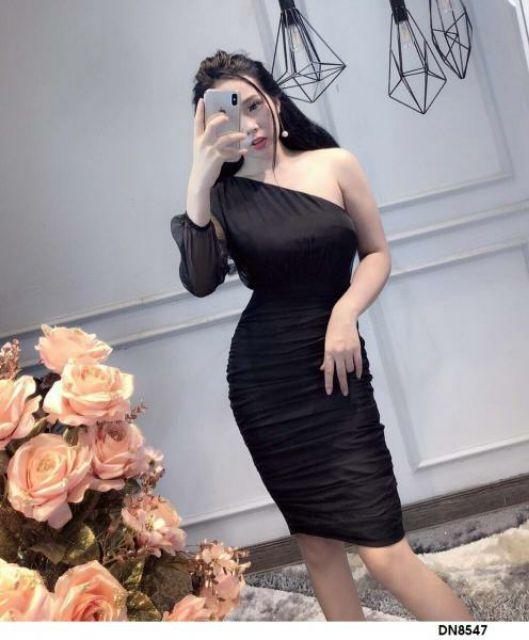 Đầm lệch vai phối voan rút nhúng