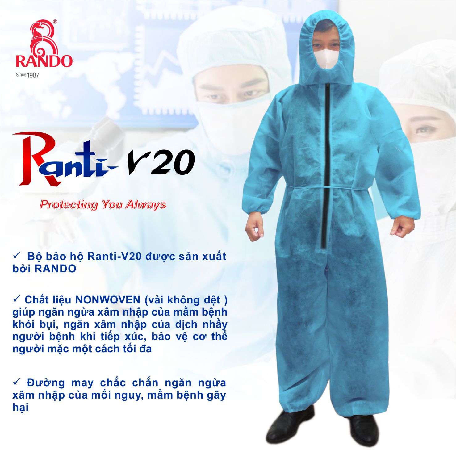Quần áo bảo hộ y tế phòng sạch, phòng dịch, dùng 1, 2 lần chính hãng Rando