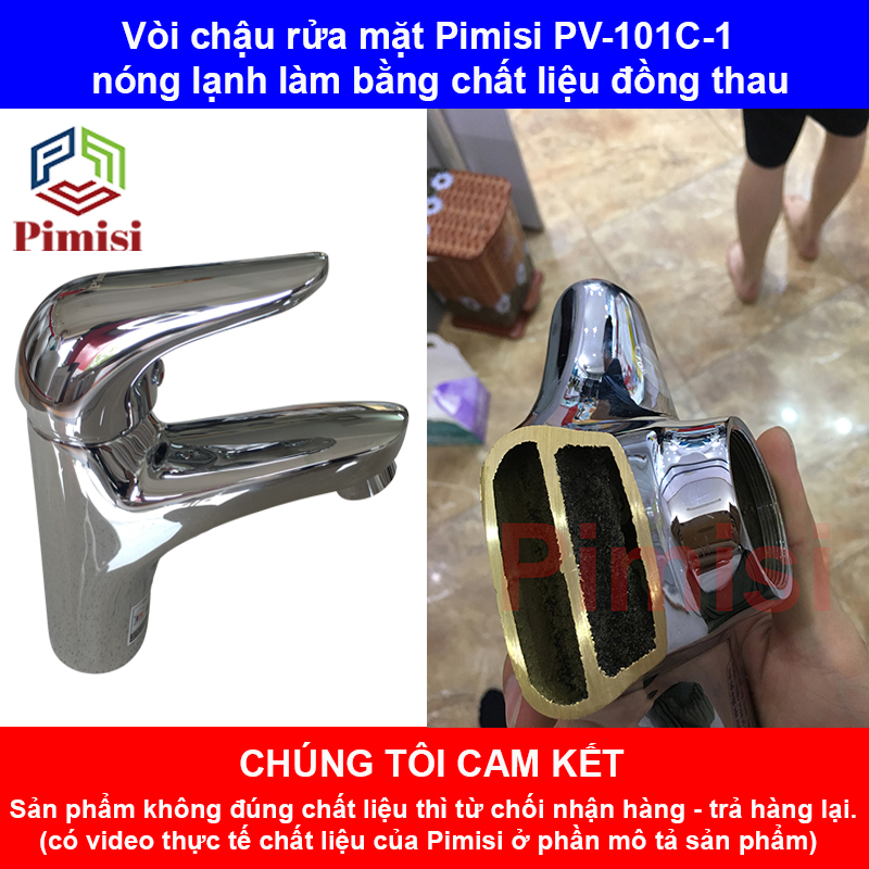 Vòi chậu rửa mặt nóng lạnh Pimisi cho chậu lavabo 1 lỗ bằng đồng thau - mạ crom, niken sáng bóng dùng trong nhà tắm - điều chỉnh nước bằng gật gù nóng lạnh gắn trên bồn chậu rửa mặt treo tường - bàn đá - mặt trên chậu rửa | Hàng chính hãng