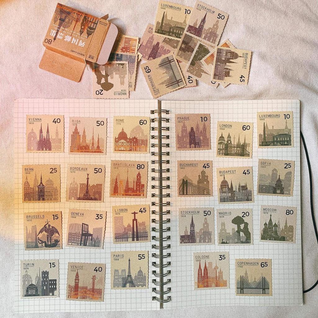 Hộp 40-46 Hình Dán Vintage Tem Quốc Tế - Sticker Hình Tem Retro Trang Trí Sổ Bullet Journal