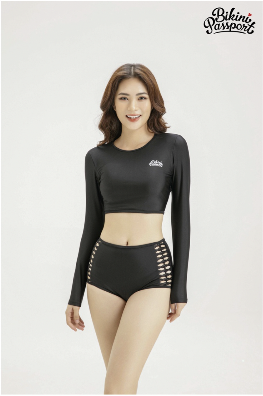 Quần bơi Nữ BIKINI PASSPORT kiểu lưng cao đan dây phối cách điệu 2 bên- màu Đen - BS237_BL