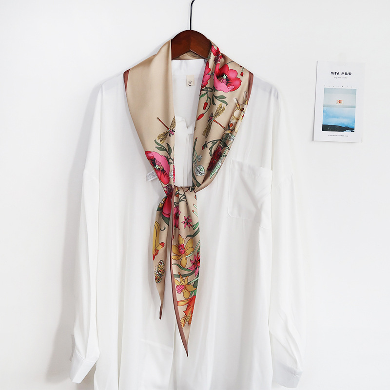 Khăn lụa dáng dài họa tiết hoa lá Vintage dễ thương AKL97