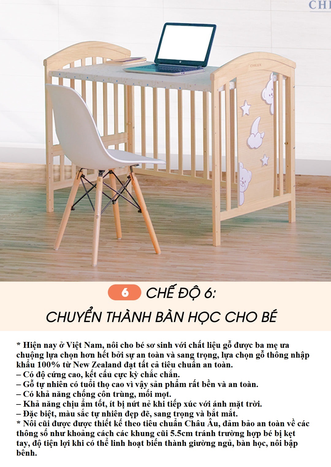 Giường Cũi/ Nôi Cũi Đa Năng Cho Bé 6 Chế Độ Cỡ Lỡn RxDxC (67x120x102) Lọt Lòng 62x114