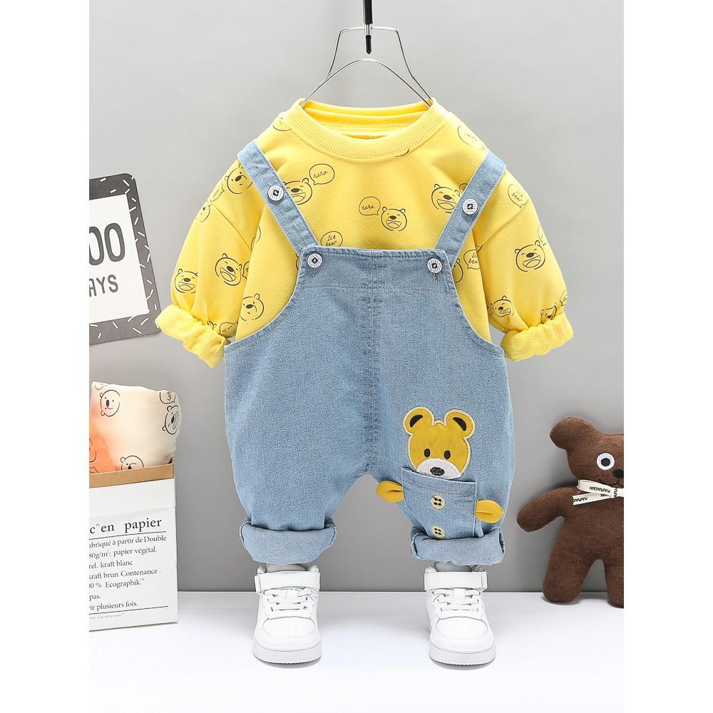 Set yếm jean túi gấu + áo dài tay họa tiết gấu con cho bé
