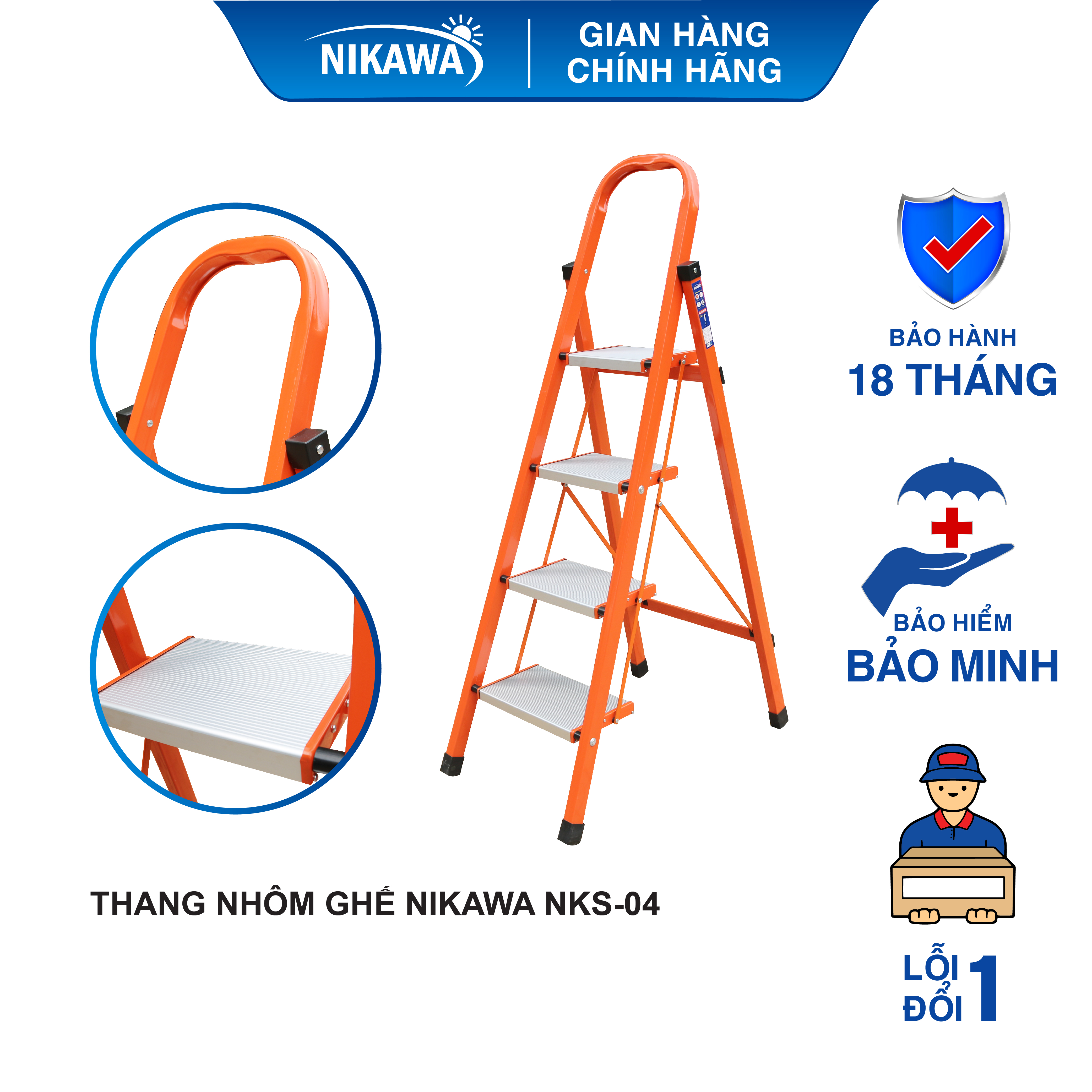 Thang nhôm ghế chữ a Nikawa NKS , 4 bậc , nhập khẩu Nhật bảo hành chính hãng 18 tháng