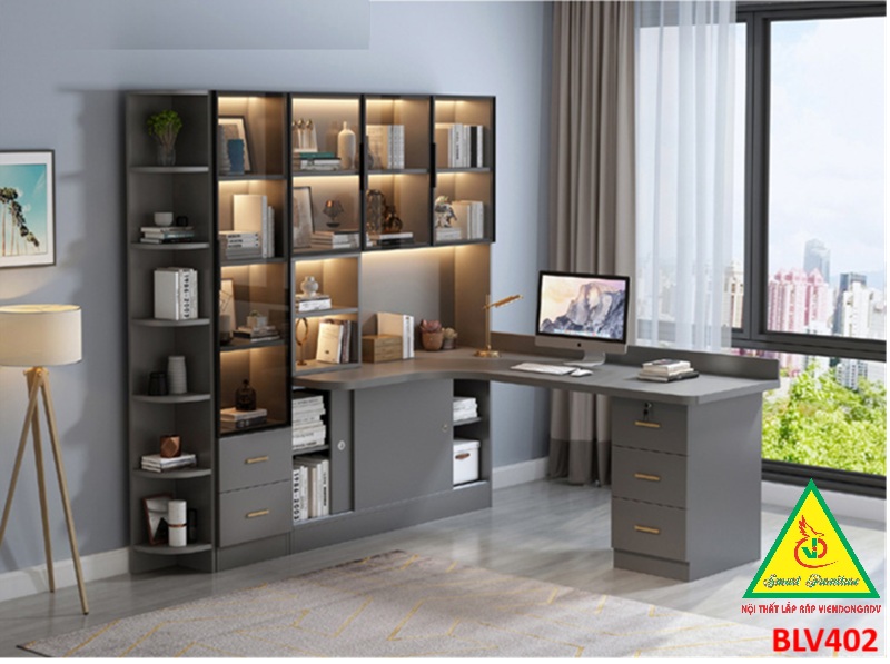 BÀN HỌC – BÀN LÀM VIỆC LIỀN KỆ GỖ MDF TỦ CÁNH KÍNH CÓ ĐÈN LED BLV402 - NỘI THẤT LẮP RÁP VIENDONGADV
