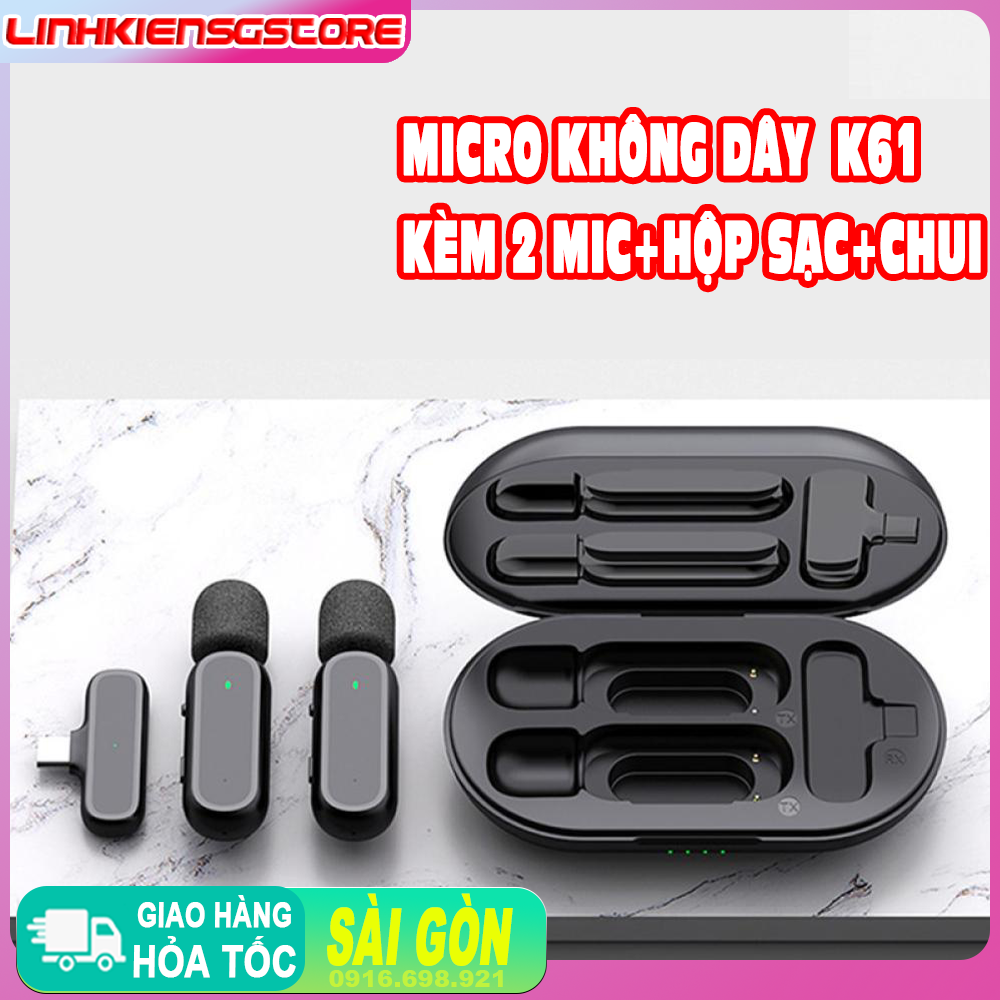 Micro cài áo không dây K61 có hộp sạc dành cho điện thoại lphone ghi âm , quay clip , vlog thiết kế nhỏ gọn , thuận tiện