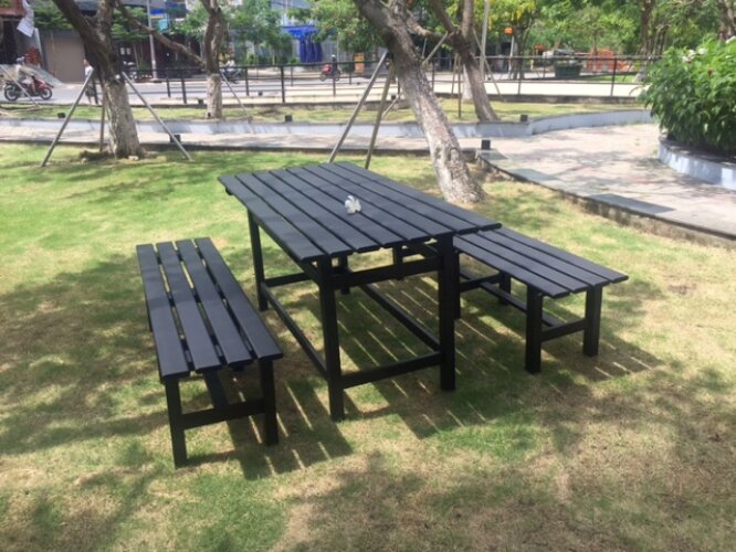 Bộ bàn ghế nhôm sân vườn, ngoài trời, dài 150cm, màu đen nhám
