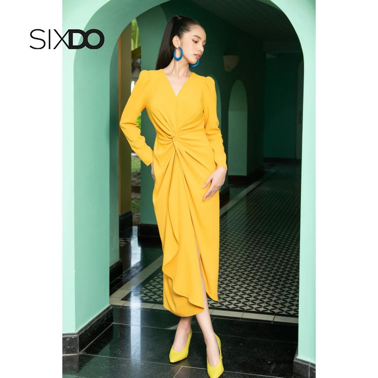 Đầm lụa midi xoắn eo sang trọng SIXDO