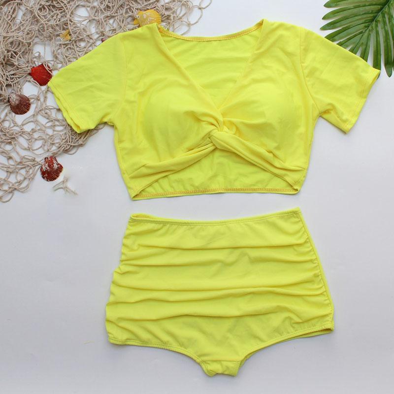 Bikini 2 mảnh cạp cao xoắn ngực tay ngắn tôn dáng gợi cảm sang chảnh đồ bơi nữ đi biển thun lạnh co dãn 4 chiều QP001