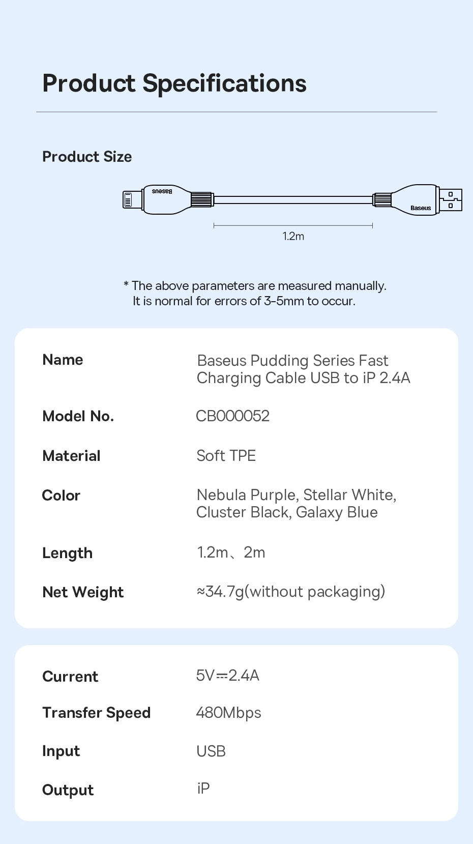 Cáp sạc nhanh, truyền dữ liệu cho Ai-phôn Ba-se-us Pudding Series Fast Charging Cable USB to Lai-nin 2.4A - Hàng chính hãng