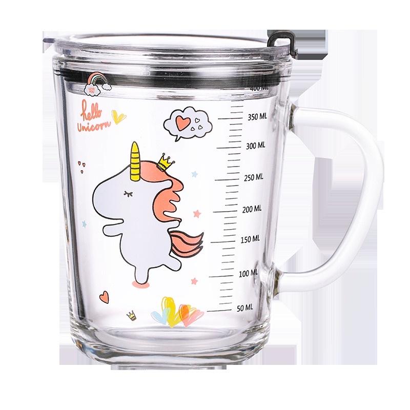 Cốc pha sữa thuỷ tinh cho bé chia vạch có nắp và ống hút được tặng kèm Sticker