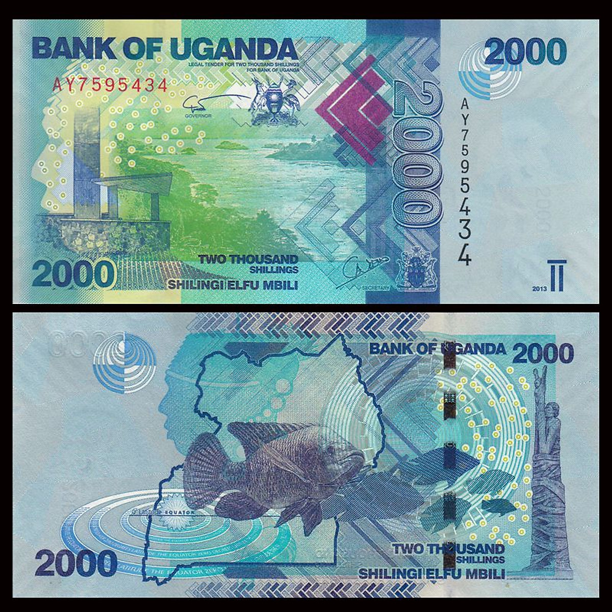Tiền Uganda mệnh giá 2000 Shillingi thủy sản - Tiền mới keng 100% - Tặng túi nilon bảo quản
