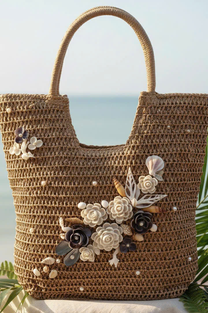 Giỏ Cói Giấy Mềm Dáng Tote Gắn Vỏ Sò, Giỏ Cói Tote Lan Châu ACC142