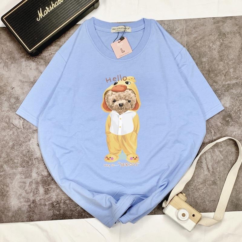 Áo Thun Tay Ngắn UNISEX in Decal IN DECAL GẤU HELLO - Hình chụp thật - Số đo ở cuối