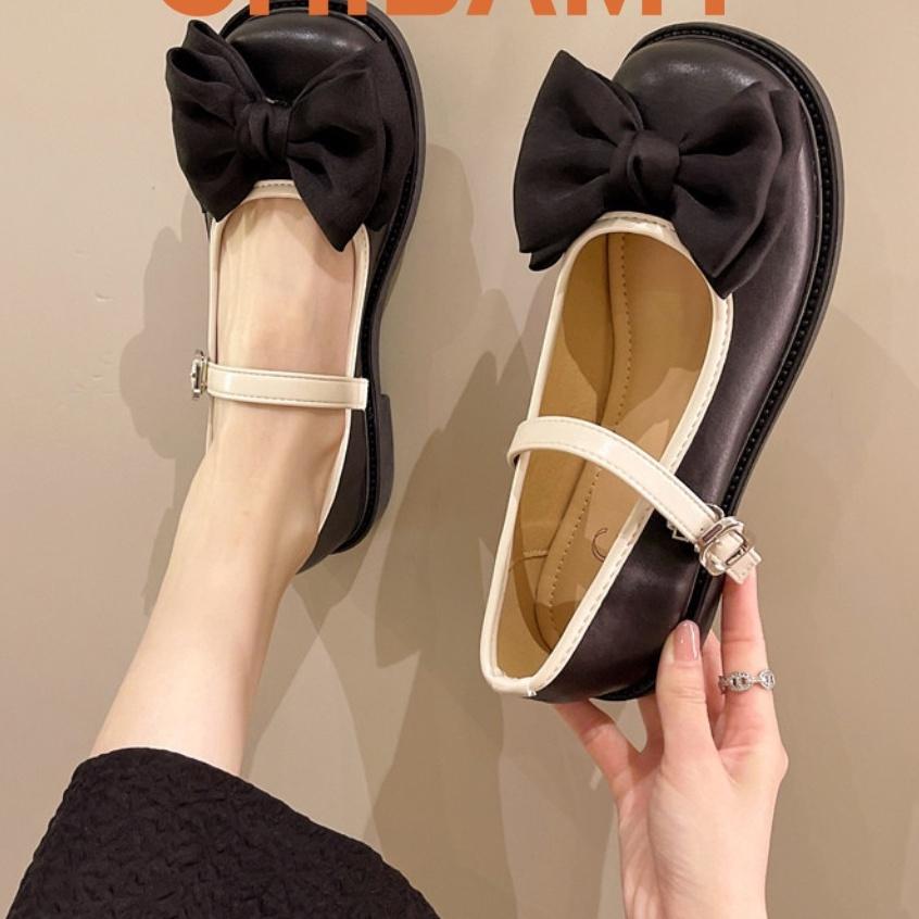 Xả kho 3 ngày: Giày búp bê nữ đính nơ vải đế viền, chất da mềm, giày lolita phong cách cổ điển( lolita 1 quai nơ