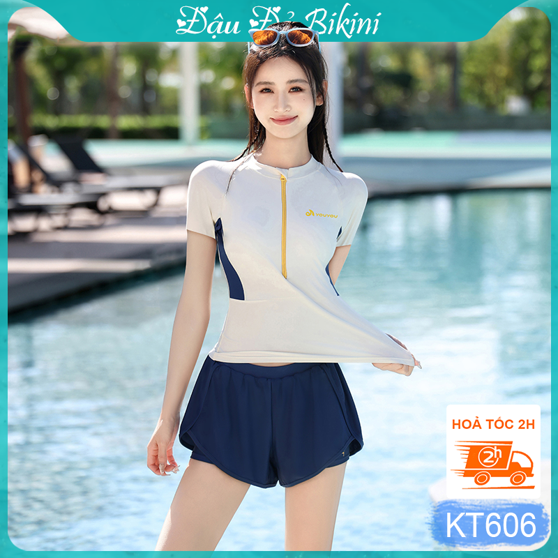 Set Đồ Bơi Nữ Dài Tay Chống Nắng UV Đa Năng, Áo Bơi Khóa Kéo Trước Vải Co Giãn Cao &amp; Quần Đùi Bơi 2 Lớp Nhanh Khô, Thời Trang Trẻ Trung, Dễ Mặc | KT606