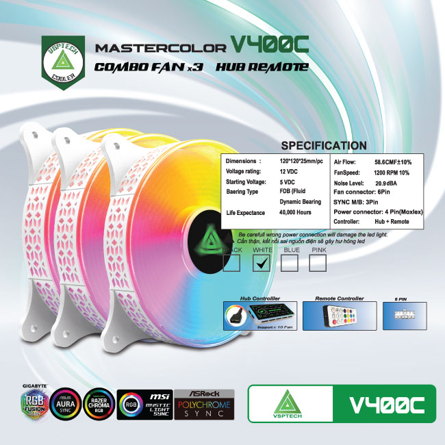 Fan V400B LED ARGB (Đen, Trắng, Hồng, Xanh) - Hàng chính hãng