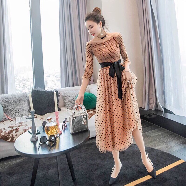 Đầm xòe dự tiếc chấm bi lệt vai NT4461