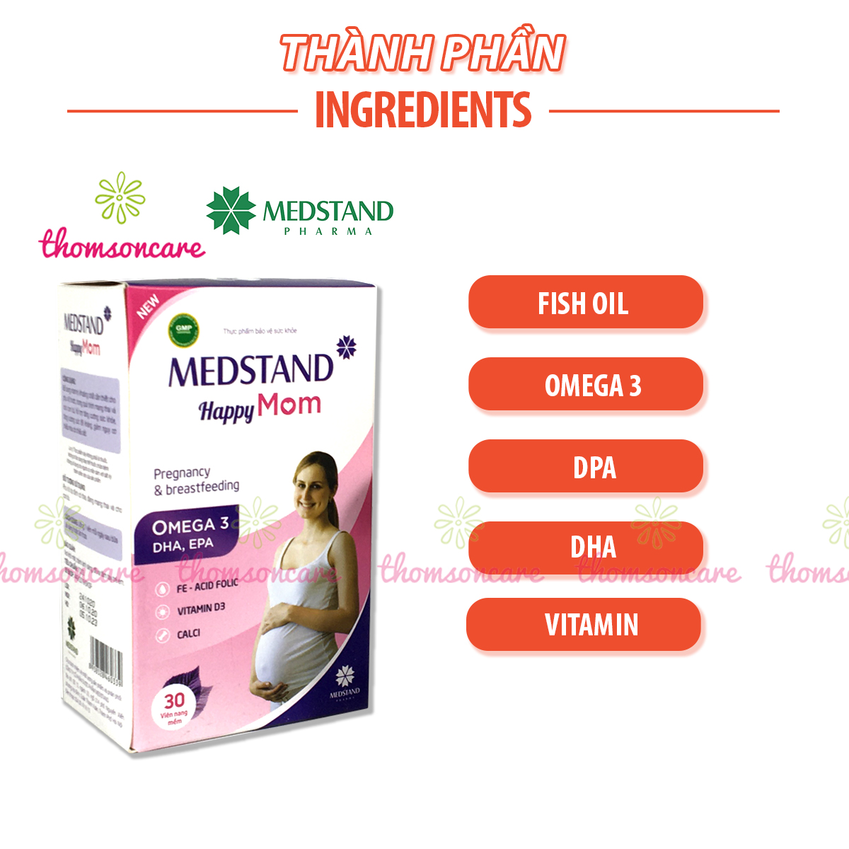 Vitamin bầu Medstand Happy mom - Chứa Omega DHA, sắt, canxi - Bổ sung khoáng chất cho mẹ mang thai và sau sinh, cho con bú