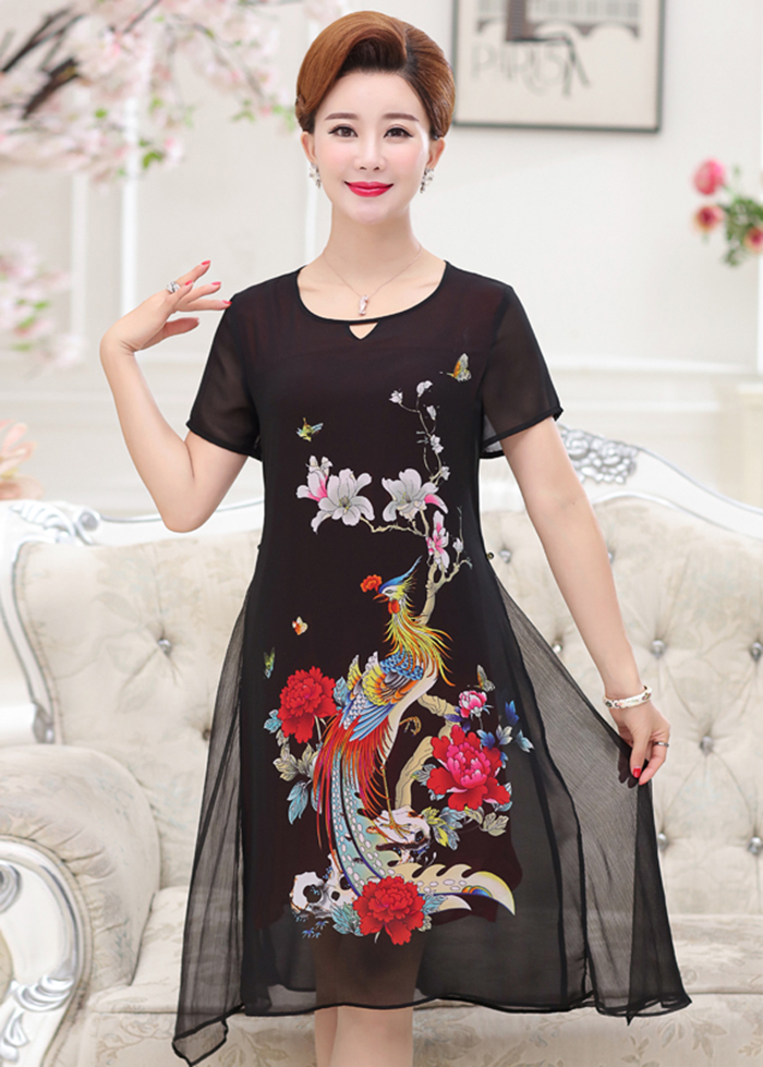 Váy voan dáng xuông ngắn tay họa tiết phượng cao cấp VA4