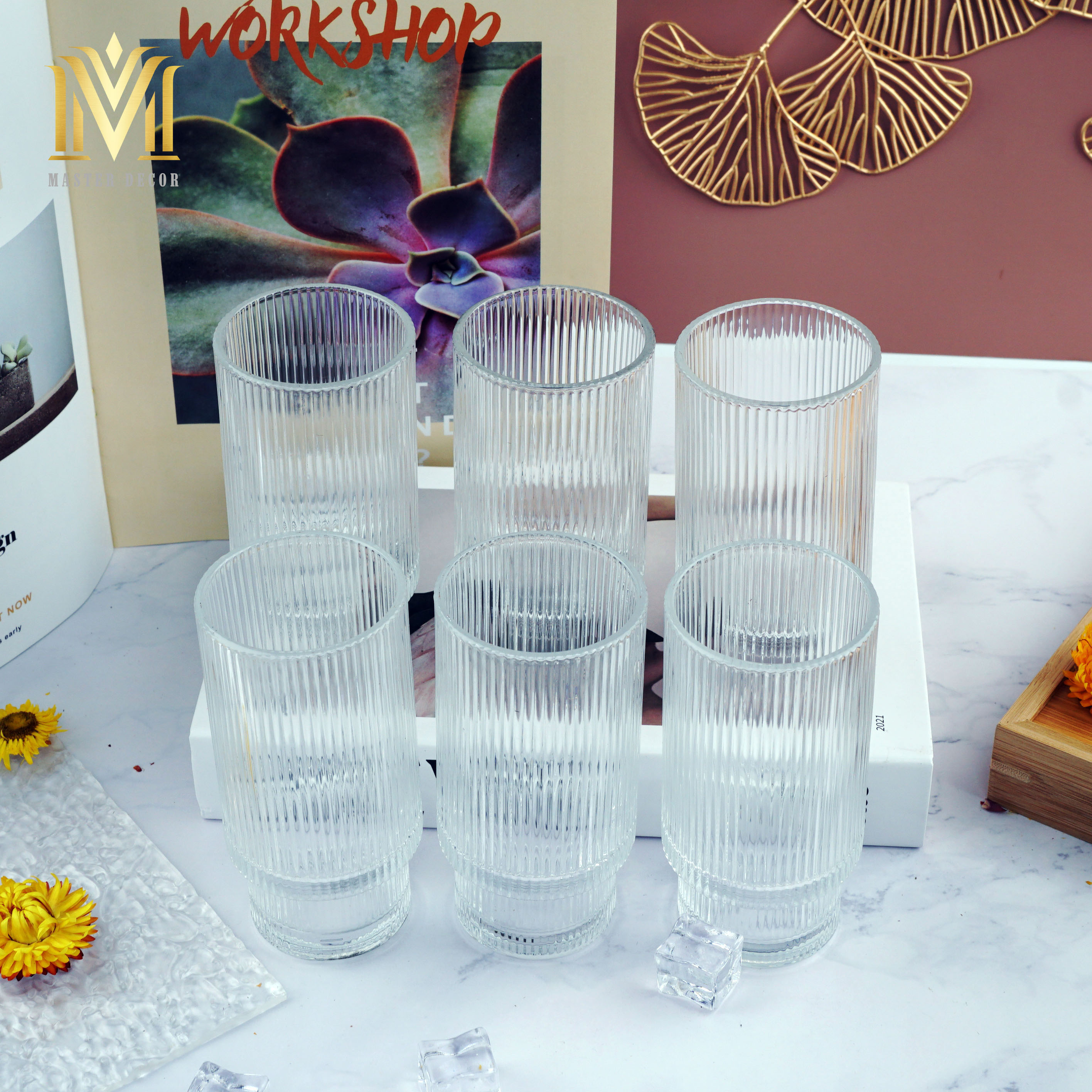 BỘ 6 LY THỦY TINH 211T VÂN SỌC TRONG SUỐT CHÂN BO DÀY DẶN DUNG TÍCH 350ML