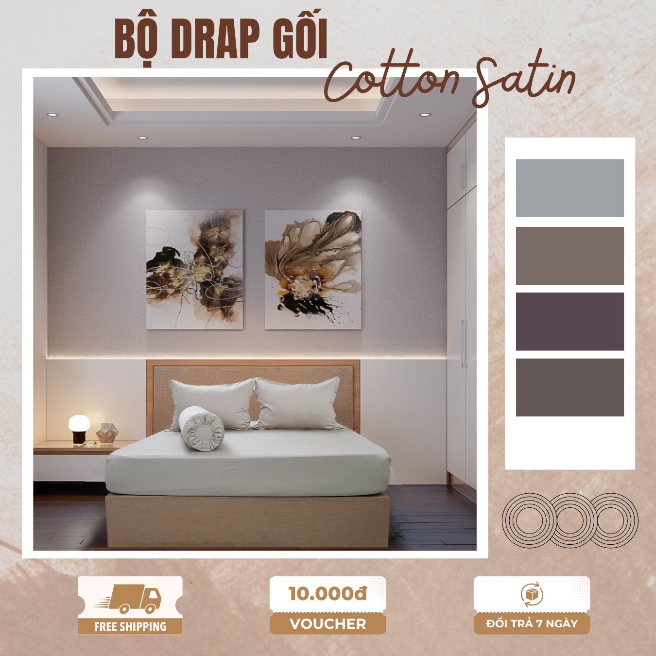 Bộ Ga Gối Giường 1m6x2m Cotton Satin 4 món Nhiều Màu bo chun Cao Cấp MYM Mềm Mịn Thoáng Mát