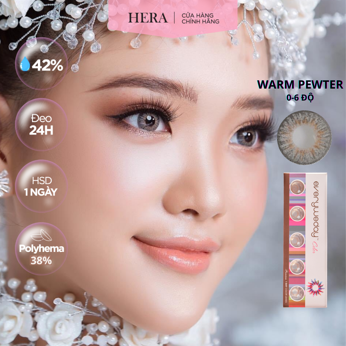 Kính Áp Tròng Hera Xám Nâu Ấm 0 - 6 Độ WARM PEWTER Nhập Khẩu Hàn Quốc Lens Cận 1 Ngày