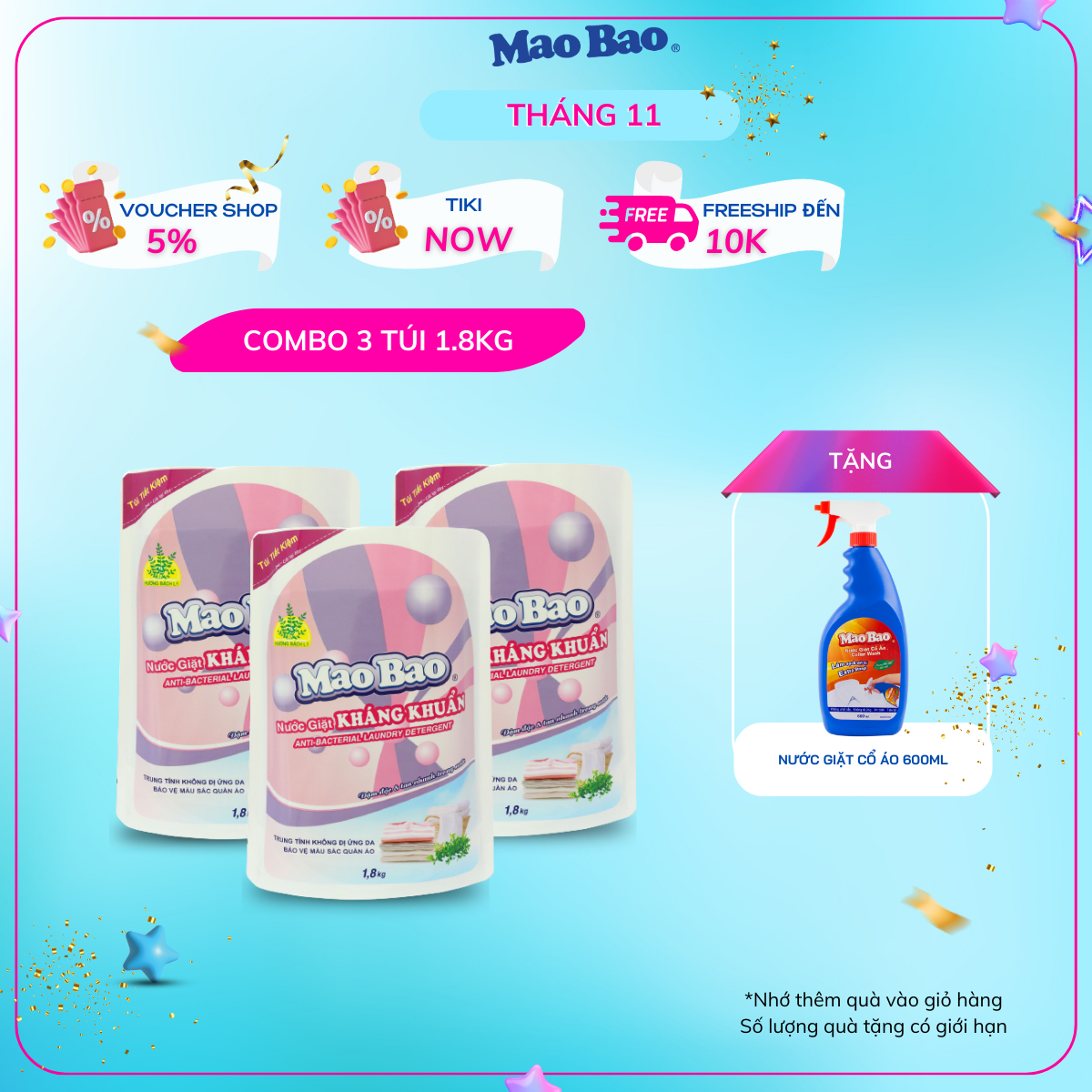 Combo 03 túi nước giặt kháng khuẩn Mao Bao 1800g