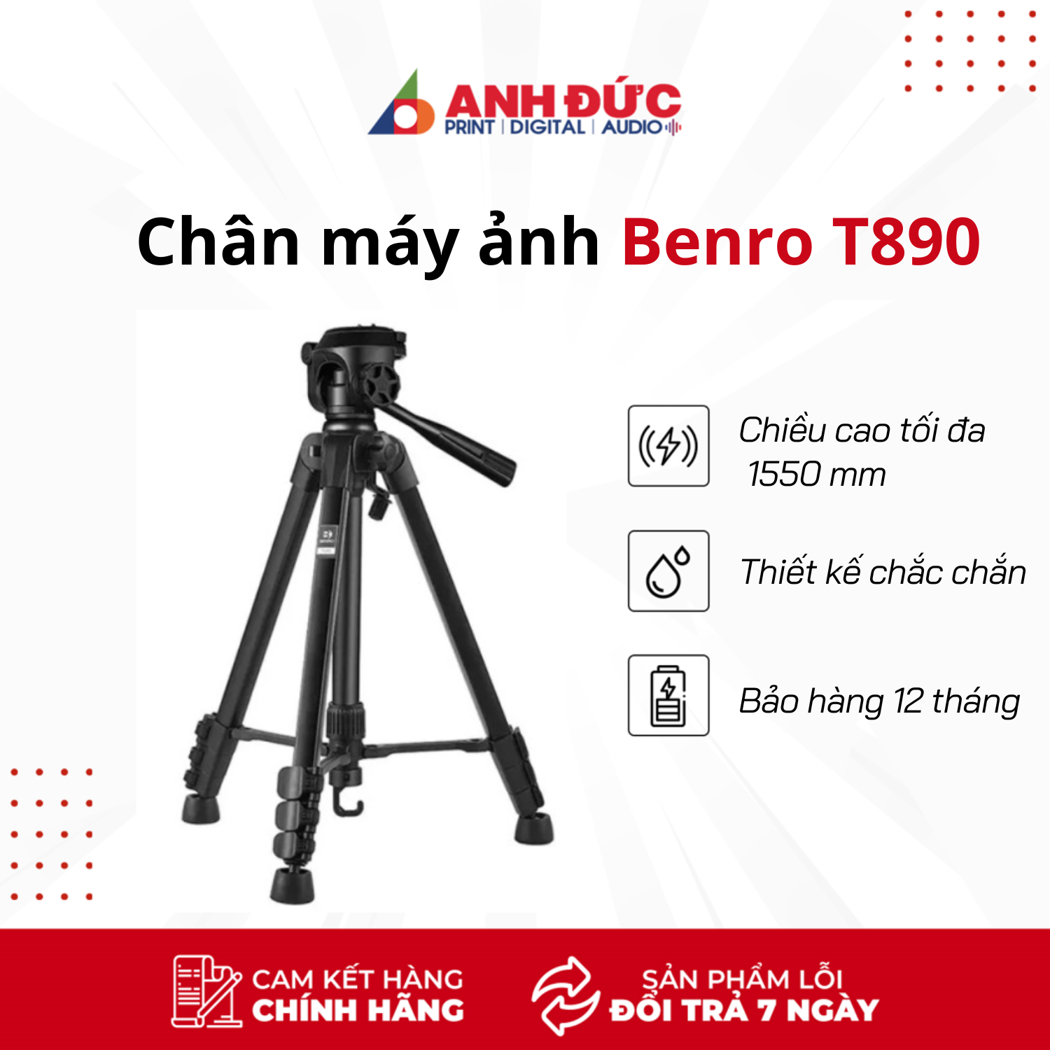 Chân máy ảnh Benro T890 + Kẹp điện thoại Ulanzi ST-02 - Hàng Chính Hãng