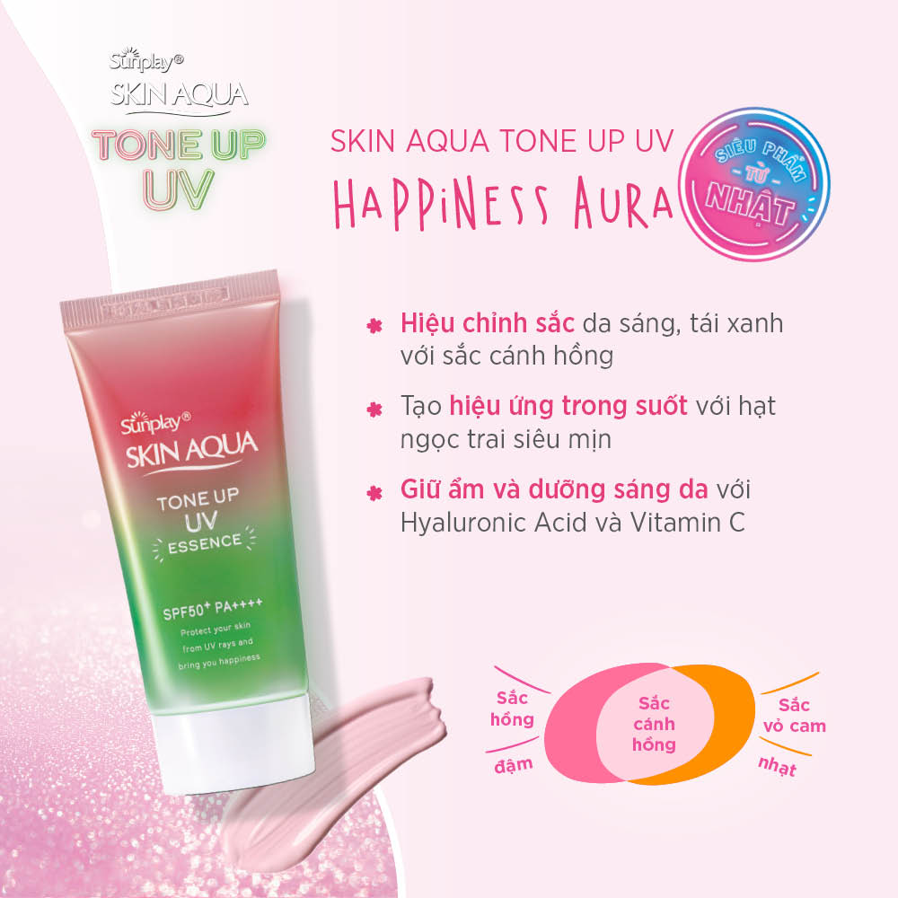 Tinh Chất Chống Nắng Nâng Tông Dành Cho Da Khô/Thường Sunplay Skin Aqua Tone Up UV Essence Happiness Aura (Rose) (Cho Da Sáng Hồng, Khuyết Điểm Xanh) (50g)