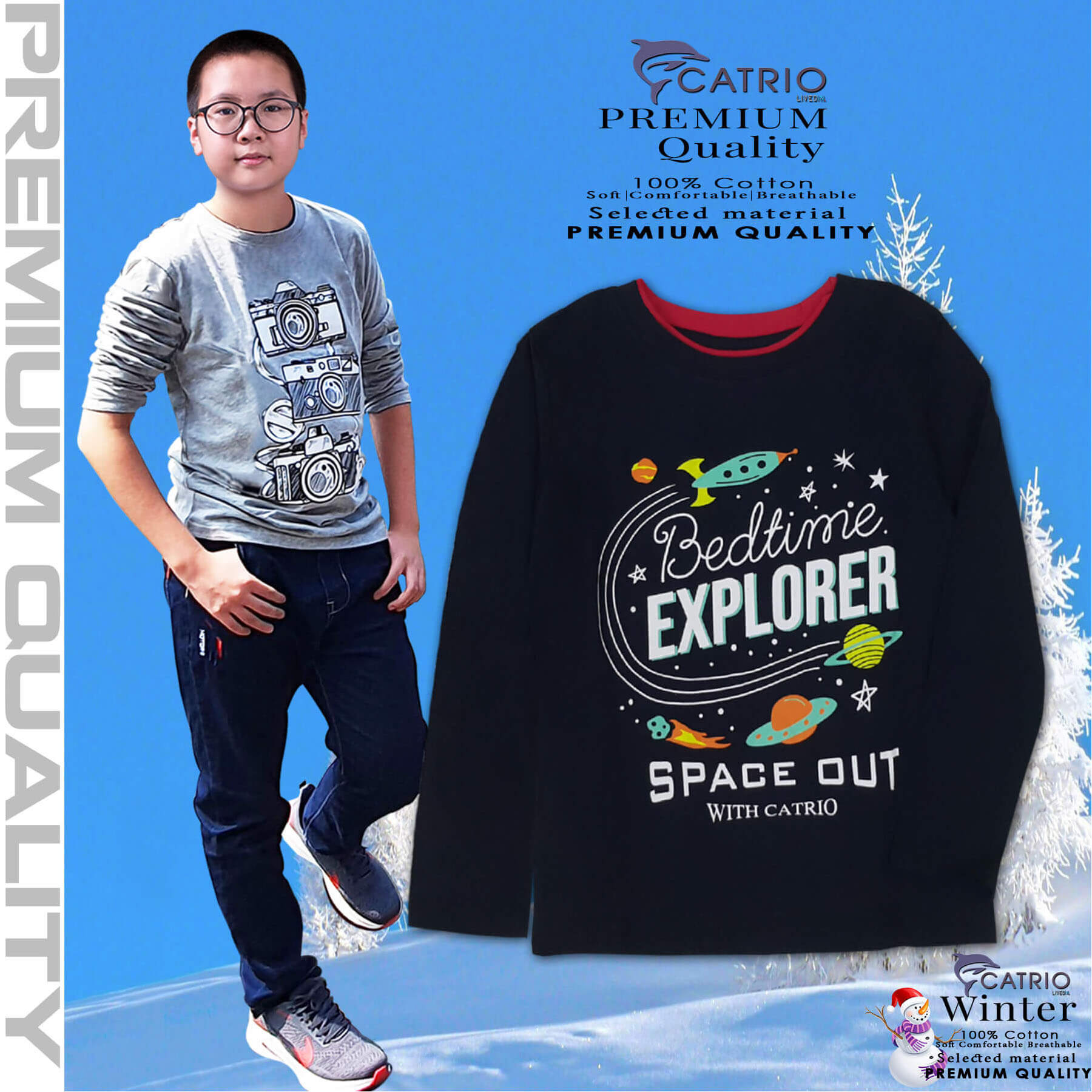 ÁO THUN DÀI TAY BÉ TRAI CATRIO in BEDTIME màu NAVY là áo phông trẻ em từ 5 tuổi 6T 7T 8 tuổi , vải 100% cotton an toàn, thuộc BST quần áo trẻ em mùa thu đông CATRIO +quần dài thành bộ đồ thu đông bé trai đẹp