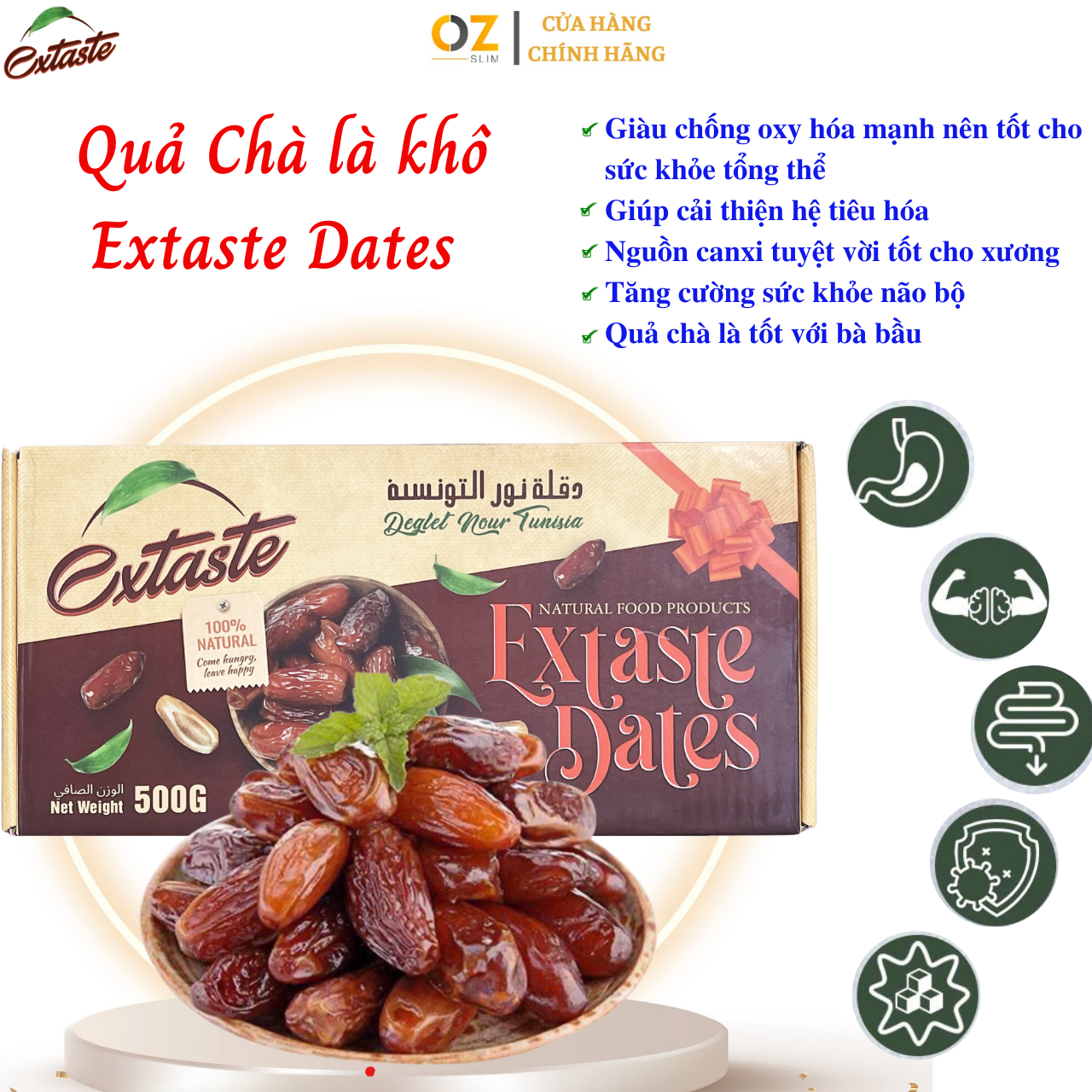 Chà là khô Extaste Dates Deglet Nour Tunisia chín tự nhiên, ngọt tự nhiên, mềm, dẻo mịn (500g/Hộp) - OZ Slim Store