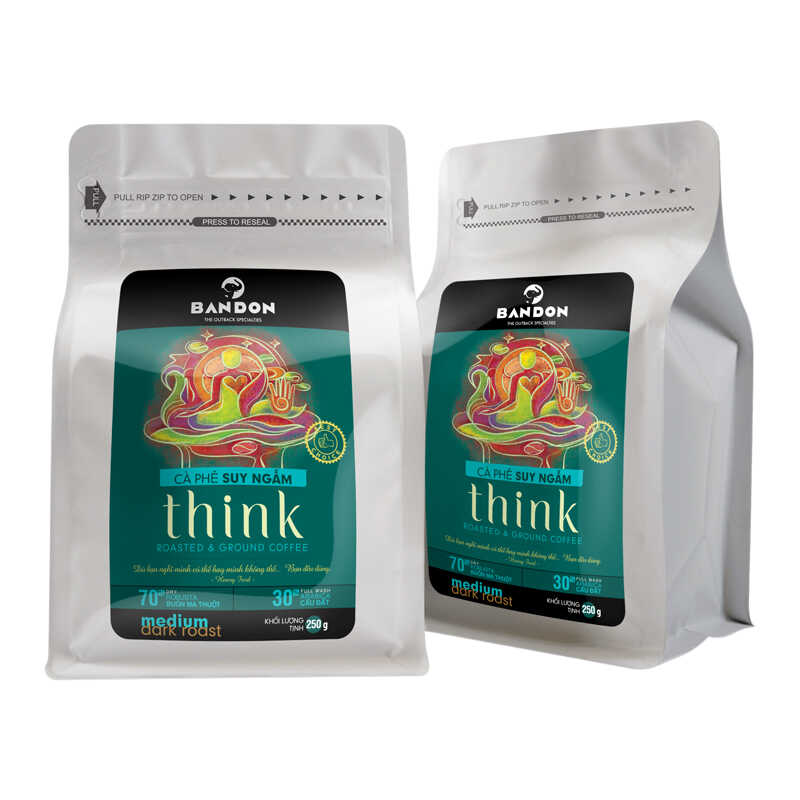 Cà phê phin nguyên chất rang xay mộc sạch BANDON THINK 250g đắng dịu, thơm ngát. Cà phê đặc sản (30% Arbica Cầu Đất Full wash, 70% Robusta Buôn Ma Thuột Dry)