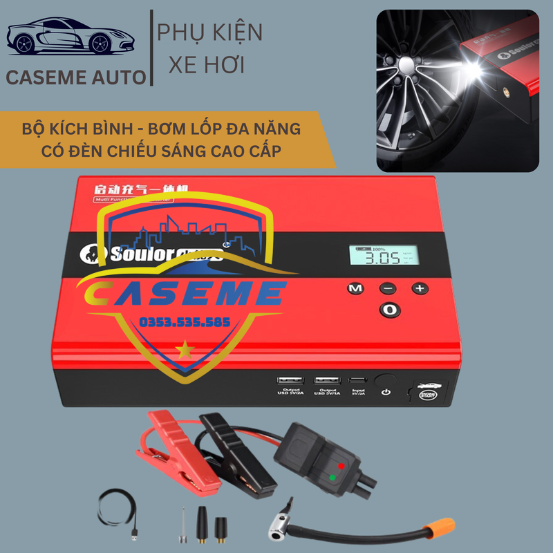 Bơm Lốp &amp; Kích Bình Ô Tô Soulor - Pin 99.800mAh, 180W, Tự Ngắt, Đèn LED, Sạc Dự Phòng - Công Nghệ Nhật Bản - Hàng Nhập Khẩu