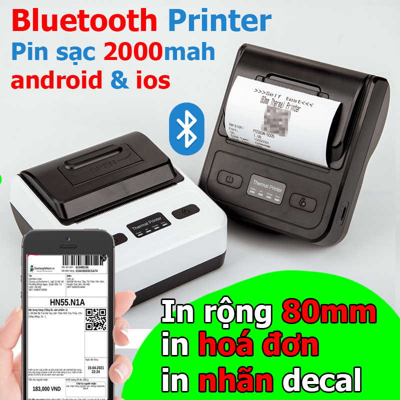 Máy in hoá đơn, in nhãn vận chuyển Xprinter MP-80L, in rộng 80mm, kết nối không dây Bluetooth với điện thoại