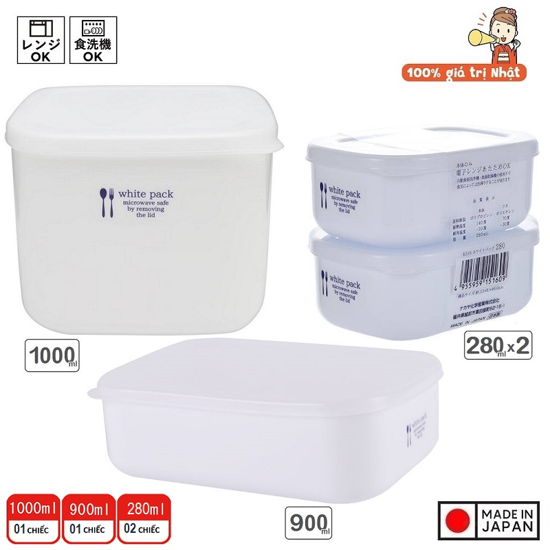 Bộ 3 hộp nhựa đựng thực phẩm white pack 1L, 900ml, 280ml