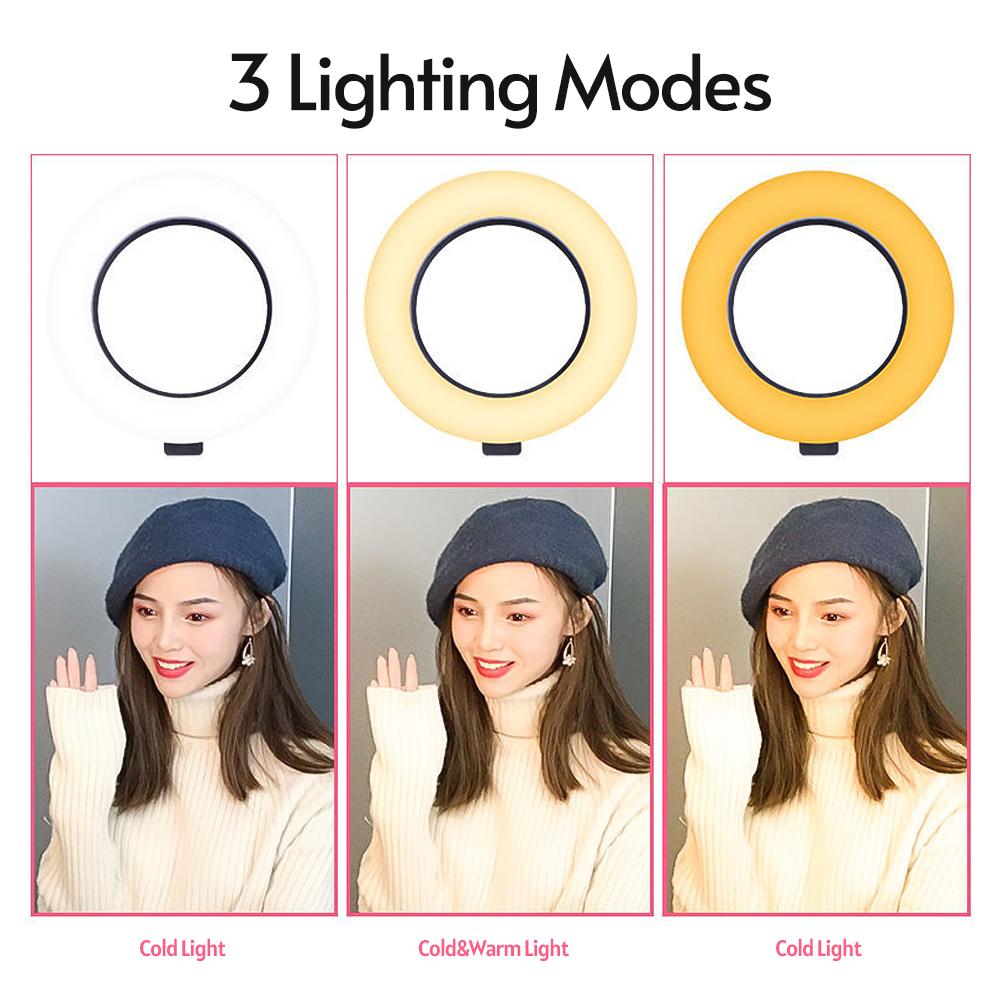 Đèn vòng LED chiếu video nhỏ 6 inch có thể điều chỉnh độ sáng 3 chế độ được hỗ trợ bởi giá đỡ điện thoại