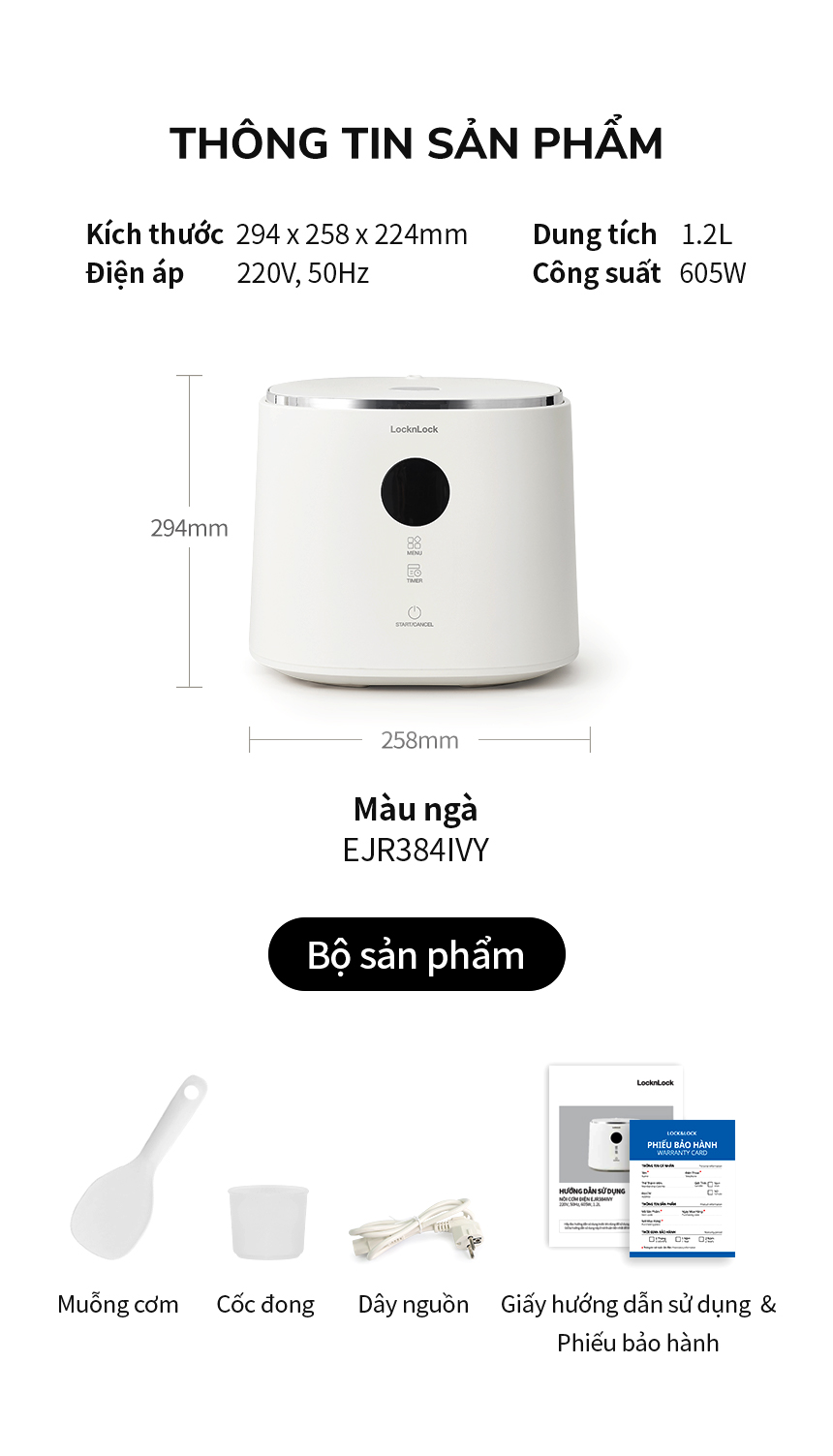 Nồi cơm điện LocknLock 1.2L Bianco EJR384IVY, Hàng chính hãng, đa chế độ nấu, bảng điều khiển cảm ứng - JoyMall
