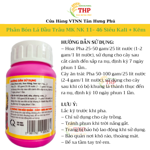 Phân Bón Lá Cao Cấp Đầu Trâu MK NK 11- 46 Siêu Kali + Kẽm | Phân Bón | Hũ 100gam