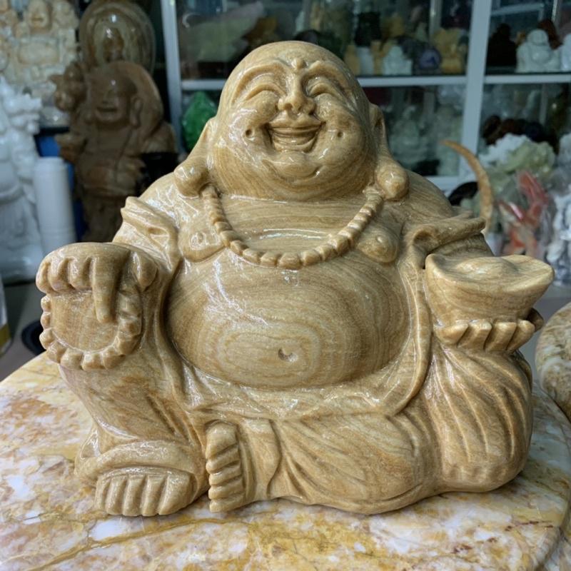 Tượng Cụ Di Lặc Cười Hoan Hỉ Đá Vân Gỗ - cao 19cm