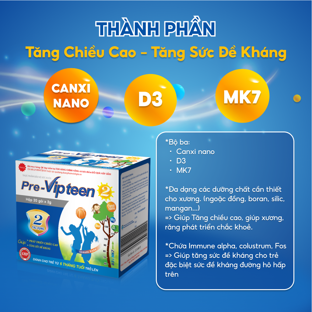 Cốm Pre-Vipteen 2 Bổ Sung Canxi Tăng Chiều Cao, Tăng Sức Đề Kháng Phát Triển Thể Lực Cho Trẻ Hộp 20 Gói